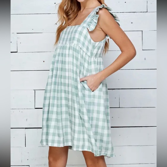 1105.  Light Sage Gingham Ruffle Strap Sundress - Picture 2 of 6